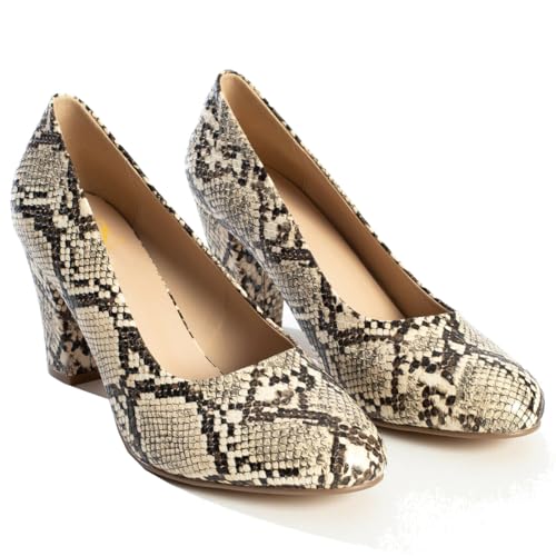 SHODENSE Women Vintage Chunky Kitten Heel Pumps Shoes Round Closed Toe Slip On Dress Sandals High Block Heels Formal Work Shoes Ladies Snakeksin Crocodile Suede Evening Party Shoe Retro 4-11 M US3