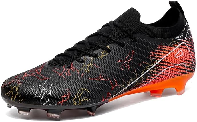 Professional Soccer Cleats, High Performance Athletic Football Boots, Black Orange Design, Knit Material, Lightning Pattern