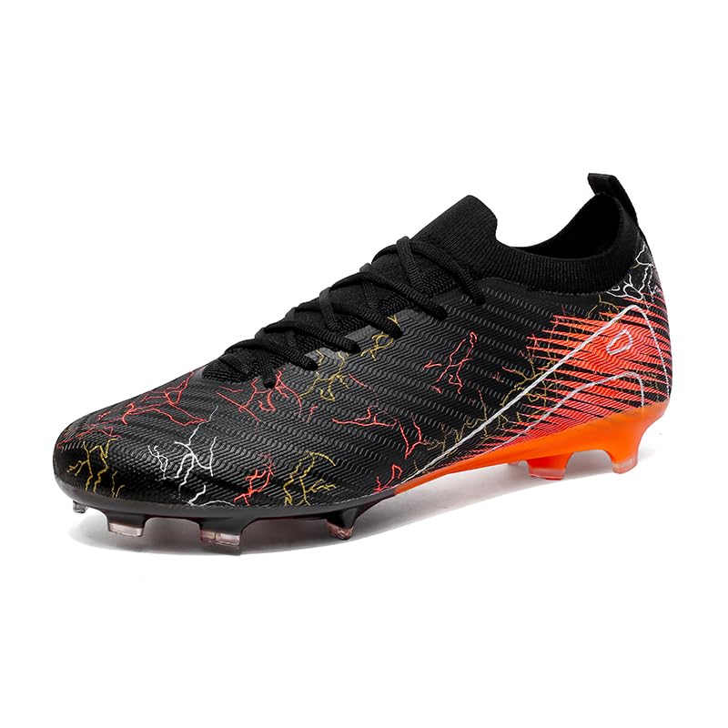 Professional Soccer Cleats, High Performance Athletic Football Boots, Black Orange Design, Knit Material, Lightning Pattern