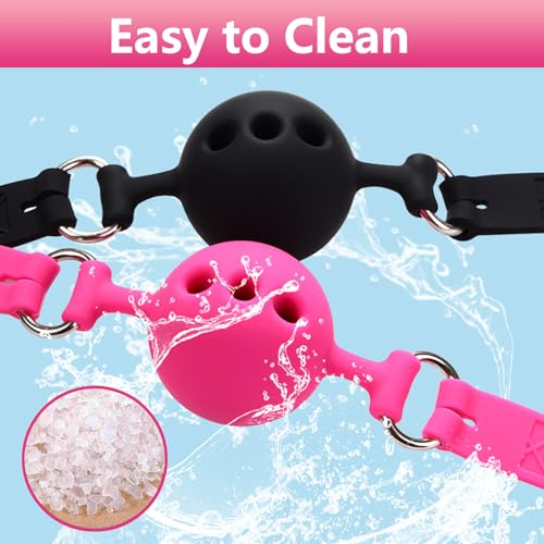 Image of Leather Restraints Ball Mouth Plug Silicone Bondage Ball Gag Hollowed-Breathable Silicone Sex Gag Muzzles Adjustable Strap Bondage Harness Restraints( (Pink-BO4)
