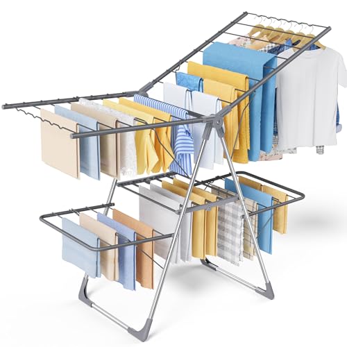 Sakugi Clothes Drying Rack, Foldable 2-Level Laundry Drying Rack with Height-Adjustable Wings, for Clothing...