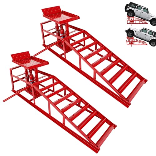 2 Pcs Red Hydraulic Car Ramps 5 Ton (11 000 LBS) Heavy Duty Steel Car Lift Ramps with Hydraulic Jack for Oil Changes & Truck Repair Truck Trailer Garage Vehicle Ramps