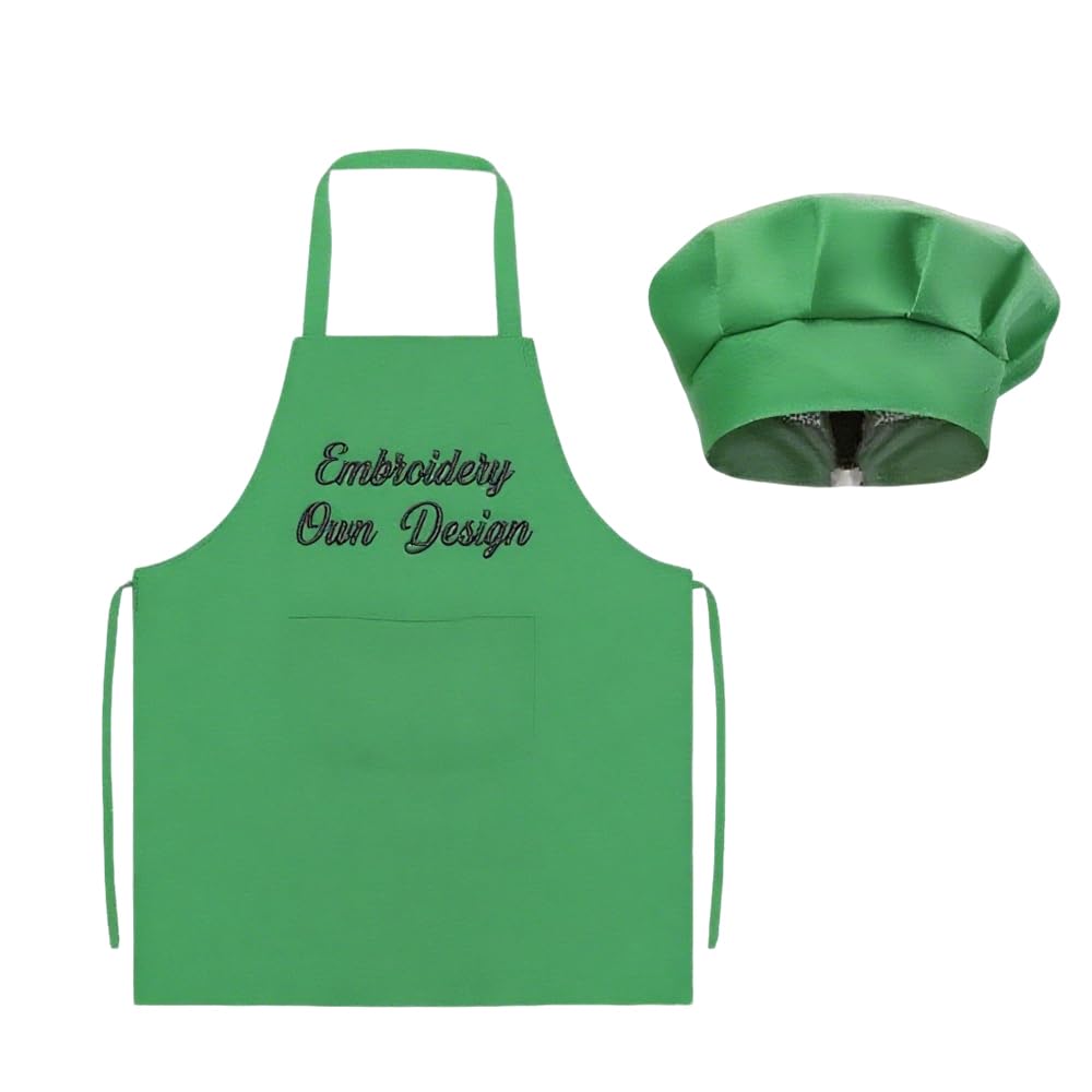 Colifolu Personalised Kids Apron with Embroidered Name,Customisable Cooking Baking Role Play Chef Hat for Children & Adults (Green)