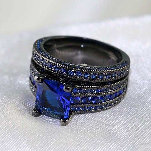 Loversring His And Hers Wedding Ring Sets Couples Rings Women 10K Black Gold Filled Blue Cz Wedding Engagement Ring Bridal Sets Men's Stainless Steel Wedding Band #TOP2