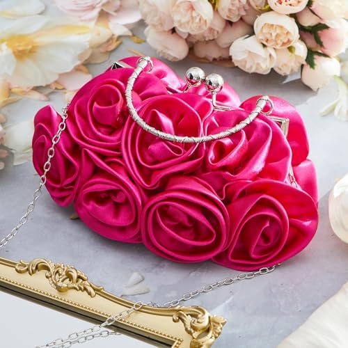 Image of Women Evening Clutch, Small Floral Satin Purse with Detachable Strap for Wedding Party Prom Gift