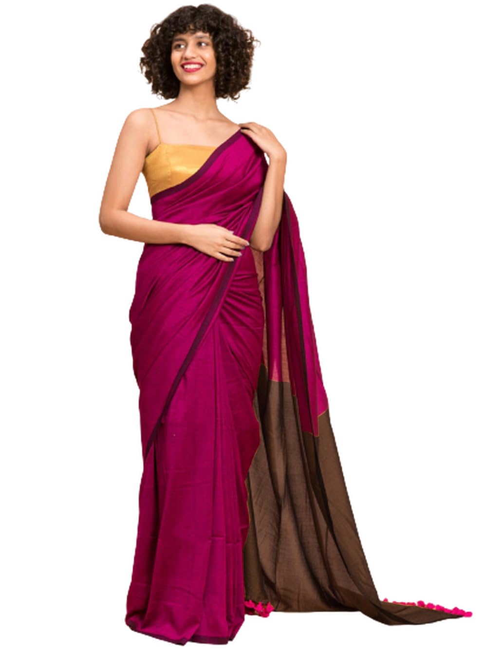 Modern Color Block Design Slab Pure Cotton and Soft Fabric with Blouse Handloom Saree with Handloom mark3 (Magenta and Coffee)