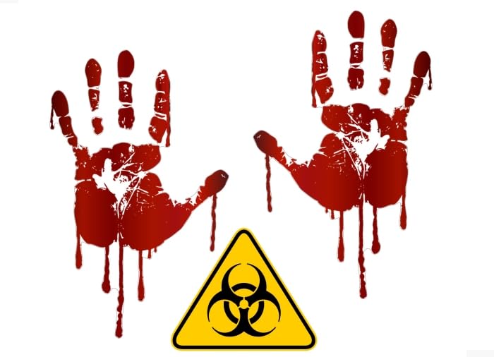 Life Size 9'' Bloody Hand Prints Including 4" Biohazard Decal Walking Zombie Dead Halloween Prop Vinyl Stickers (3 Set)