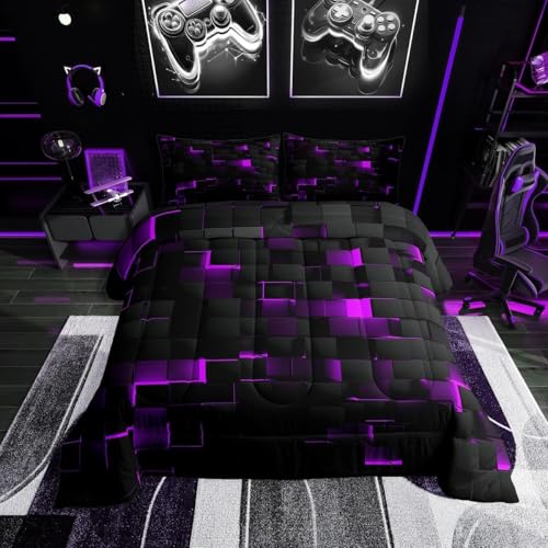Image of Erosebridal Black Purple Comforter Set Queen Neon Geometric Checkered Bedding Set for Girls Teen Women,Tereoscopic Grids Comforter Square Plaid Quilt Duvet Room Decor 3 Pcs