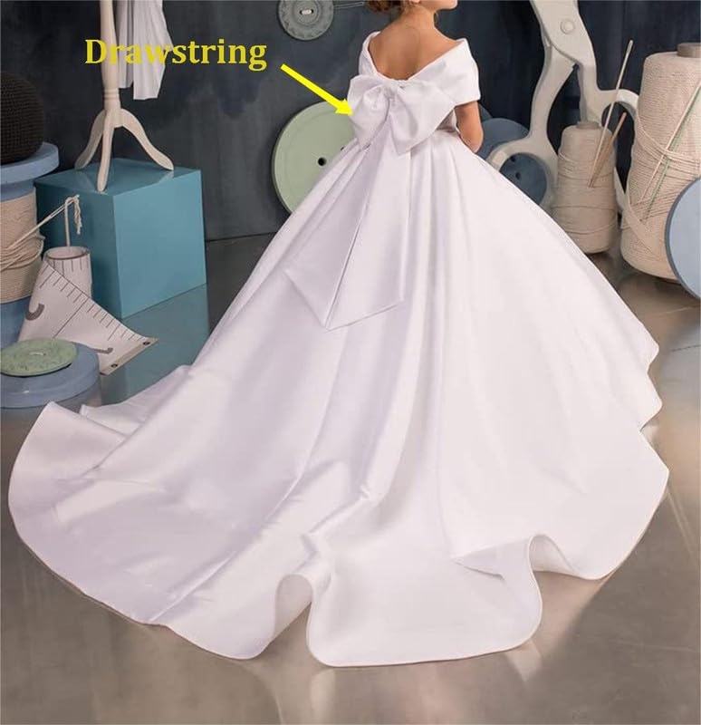 Satin Flower Girl Dress Off Shoulder First Communion Dress Long Ball Gown Dress for Girls with Bow2