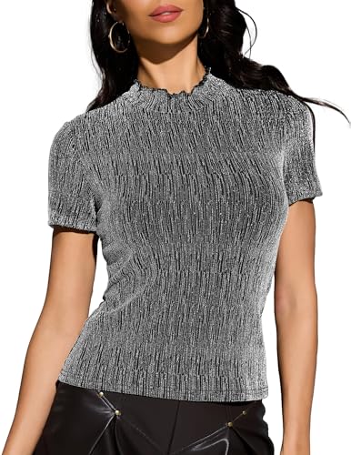 YYA Women's Turtle Neck Sparkly Tops Short Sleeve Shirt Slim Fit Shiny Blouse for Summer Casual & Night Out (S-XXL)