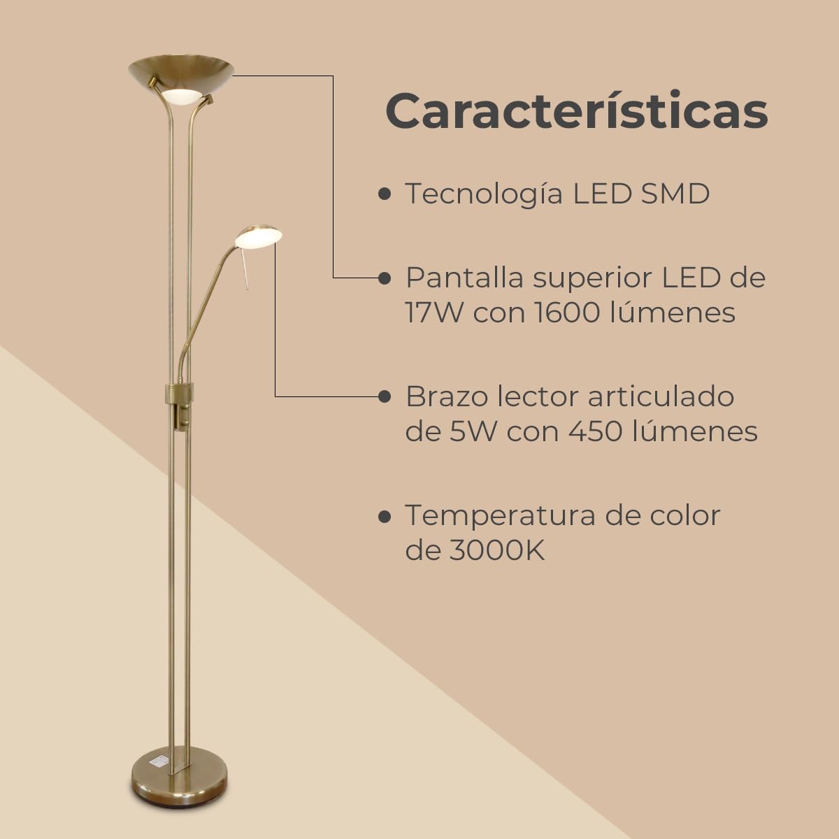 Els Banys Lámpara pie salón LED SMD metal oro viejo. pantalla superior 17W-3000k-1600 lumens. Lector articulado 5W, 3000K, 450lumens. H180cm Ancho 50cm. Luz regulable. IP20 uso interior