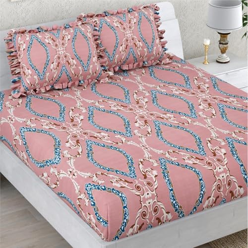 Image of King Size Fitted Bedsheet for Double Bed | 300 TC Cotton Feel Microfiber | All Around Elastic with 2 Frill Pillow Covers | Soft & Durable | (PinkEkaFrill, Fitted - 72 x 78 Inch King)