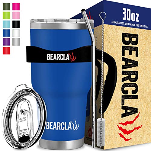MalloMe BEARCLAW Leakproof Tumbler Metal Straw 2 Lids Handle Brush - Dishwasher Safe - Stainless Steel Vacuum Insulated Cup Set Royal Blue 30 oz
