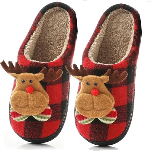 Christmas Home Slippers for Women,Fuzzy Mens Slippers,Santa Claus Reindeer Christmas Tree Retro Soft Plush Warm Slip-on House Slippers Outdoor Indoor Bedroom Shoes Anti-Skid Sole