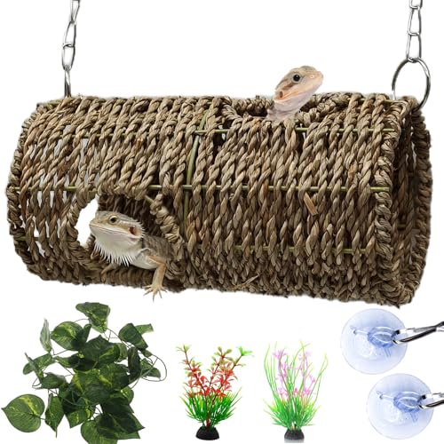 Gxsdj Reptile Hide Cave Hanging Seagrass Fiber Bearded Dragon Hammock Swing Climbing Toys with Plants Decor Gecko Hideout Hollow Cave Tank Accessories for Lizard Snake-Round