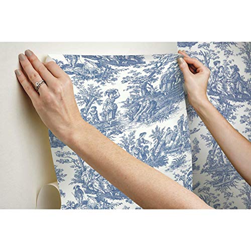 Waverly Rmk11868Wp Country Life Toile Peel And Stick Wallpaper (20.5 In X 16.5 Ft) – Easy Application, No Sticky Residue – Blue And White, Roll #TOP4