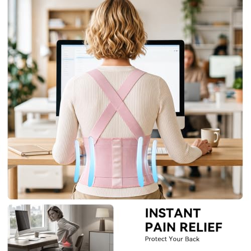 Image of Work Back Brace for Men & Women, Adjustable Lower Back Support Belt for Sciatica, Herniated Disc, Pain Relief, Moving Construction Warehouse Heavy Lifting Safety & Protection (Pink, Large)