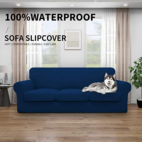 Image of Easy-Going Waterproof 4 Pieces Stretch Couch Cover for 3 Cushion Navy | 100% Dual Waterproof Sofa Slipcover for 3 Separate Cushion Couch Leakproof Furniture Protector for Kids, Pets