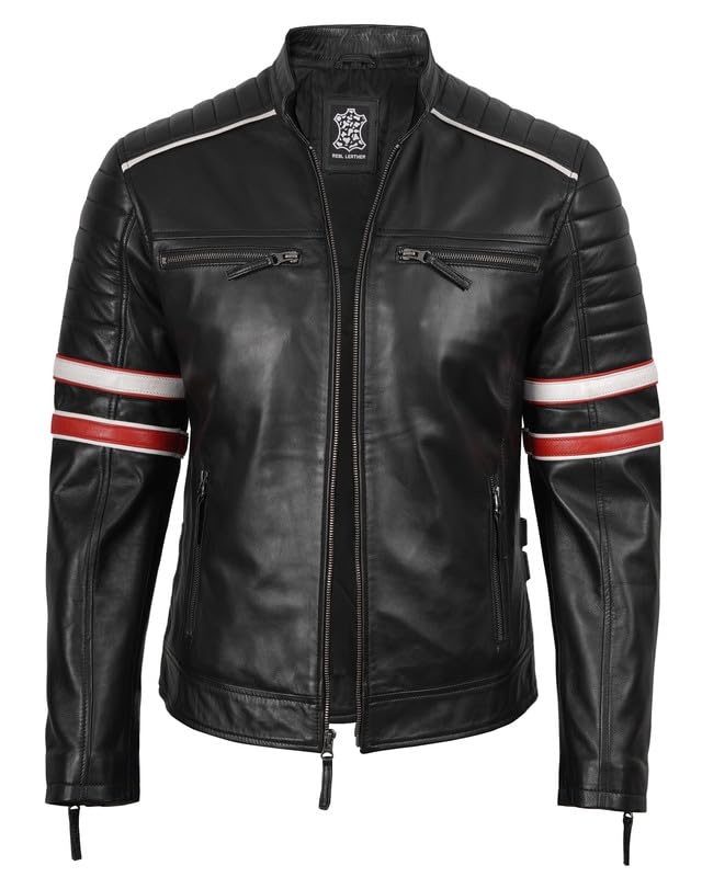 Image of Blingsoul Stylish Black & Brown Cafe Racer Leather Jacket For Men - Real Lambskin Leather Motorcycle Jacket Mens