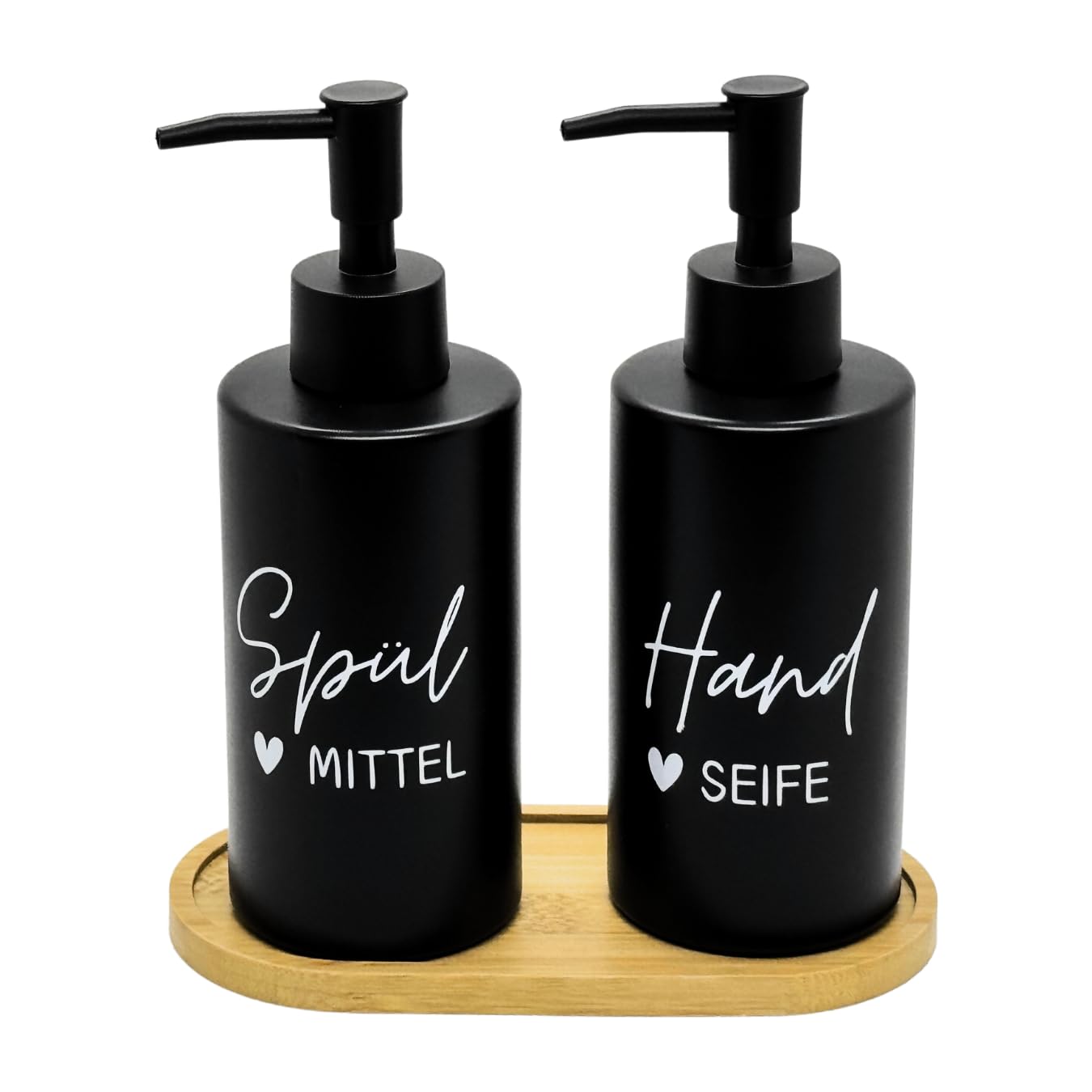 BoBoU 2er Set Glas Seifenspender schwarz matt 320ml Keramik Oberfläche Mattschwarzer Pumpenkopf mit Bambus tablett handgeschriebener Text Spülmittelspender Handseifenspender Küche Bad