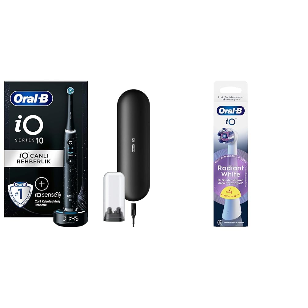 Oral-B iO Sense ile iO - 10 Siyah Elektrikli/Şarjlı Diş Fırçası + Oral-B iO Radiant White Beyaz Diş Fırçası Yedek Başlığı 4 Adet