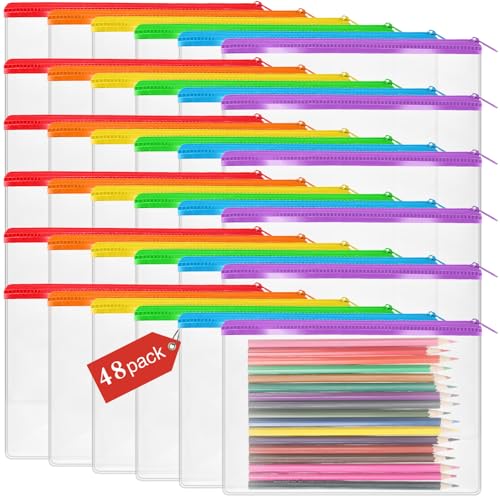 Image of Feifeiya 48 Pcs Clear PVC Pencil Pouch Bulk 8.66 x 5.71 Inch Pencil Case Soft Pencil Bag Transparent Zipper Pencil Pouch for Kids Girls Boys School Supplies Travel Storage(Colorful)