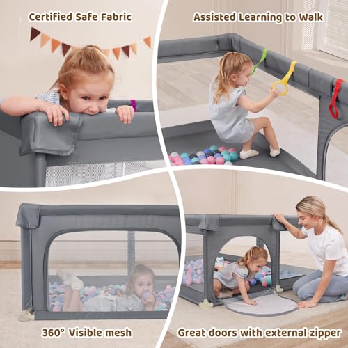 Image of Dripex Baby Playpen, 71 inchx59 inch Large Play Pen for Babies, Light Grey | Included Portable Bag / Pull up Rings, Breathable Visible Mesh, Anti-Fall Design, Easy Setup, Indoor /Outdoor Use