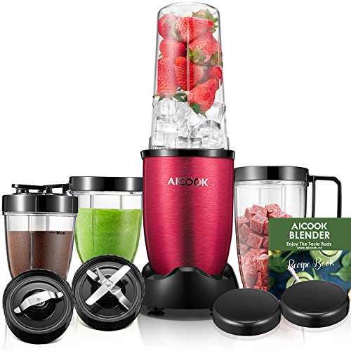Aicook Batidora, Batidora de Vaso, Batidora para Smoothie, 4 Botellas Tritan sin BPA, con 2 Bases de Cuchilla de Acero Inoxidable, 900W, Rojo