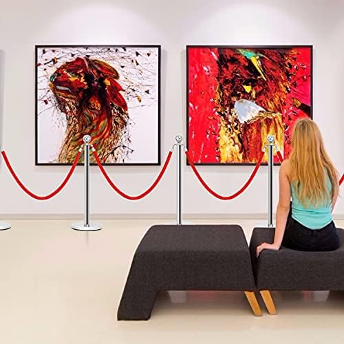 GYMAX Queue Rope Barrier, 6Pcs Safety Stanchion with 1.5m Red Velvet Rope, Crowd Control Stand Stanchion Set for Museum, Airport and Bank