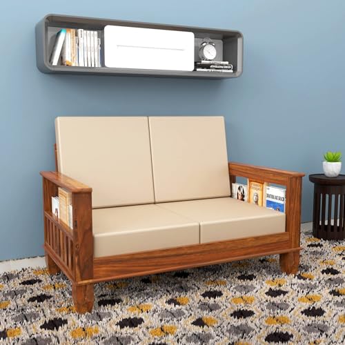 Image of Solid Sheesham Wood Sofa Set 2 Seater|Wooden 2-Person Sofa Set|Sofa Sets for Living Room|Two Seater Sofa Set with Side Magzine & Newspaper Holder|Rosewood, Honey Brown