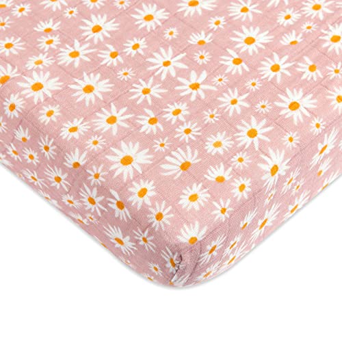 Image of Babyletto 100% Organic Cotton Mini Crib Sheet, GOTS-Certified, Fitted 360°, Ultra-Soft and Breathable Muslin - Daisy