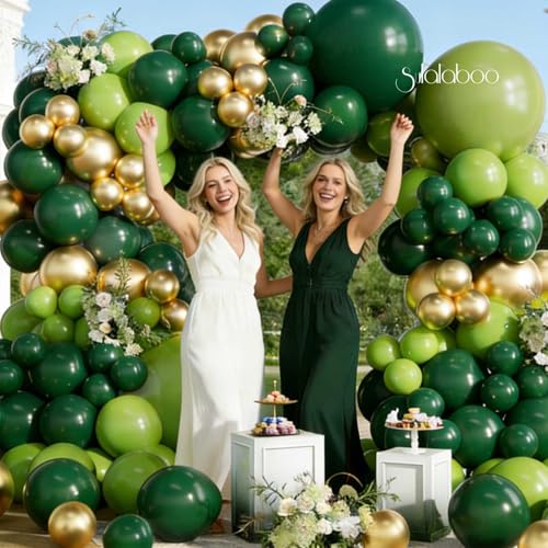 Image of Green Balloons Arch Kit 155Pcs Metallic Gold 18 10 5 Inch | Dark Light Green Balloon Different Sizes Latex Garland for Birthday Anniversary Graduation Jungle Party Decorations