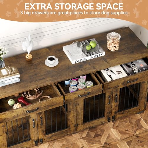 Dog Crate Furniture for 2 Dogs, 71'' XXL Indoor Dog Kennel with 3 Drawers and Removable Room Divider, Wooden Double Dog Crate TV Stand End Table with Double Doors for Large Medium Dogs, Rustic Brown
