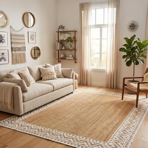 Image of voyzz home 6X9-feet Rectangular, Premium Quality Jute Braided Area Rug, White Printed Border, Stain Resistance, Natural Brown, Handmade Rug for Entryways, Living Room, Dining Room, Bedroom, Farmhouse