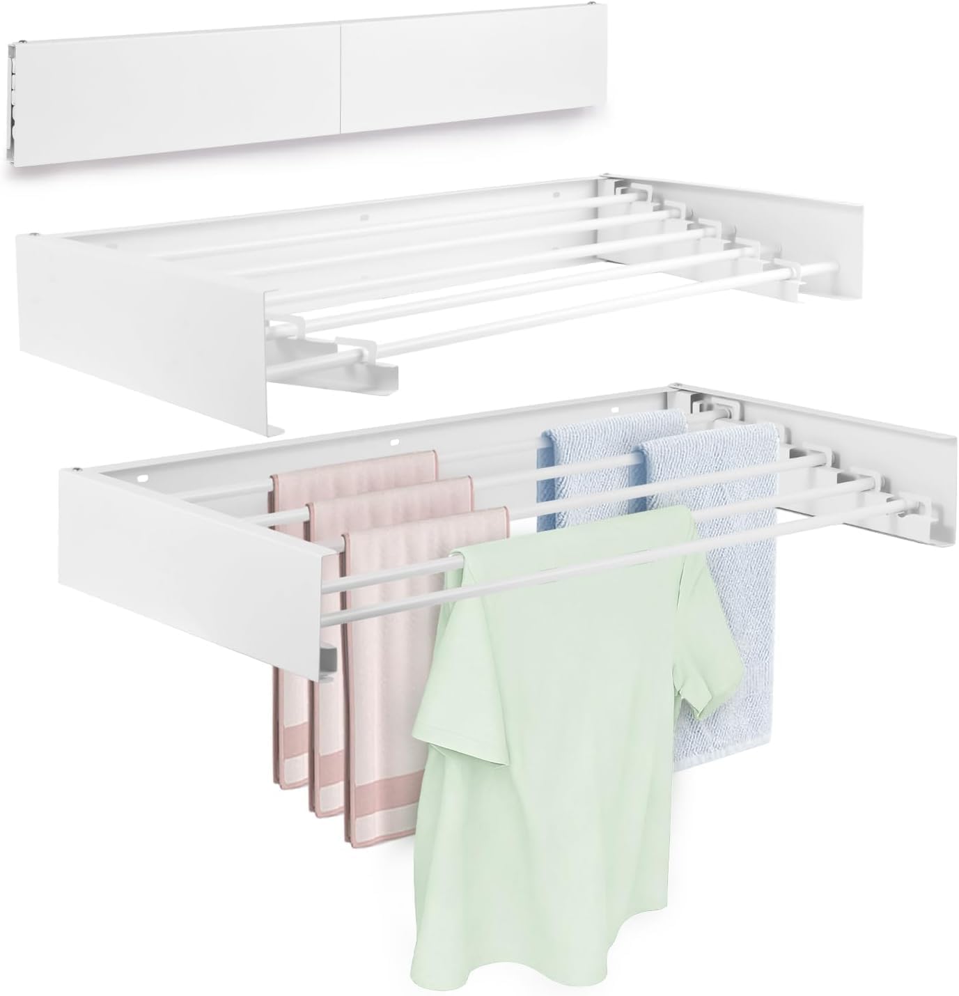 Wall Mounted Laundry Drying Rack, Carbon Steel Foldable & Retractable Clothes Drying Rack, Space Saving Adjustable Towel Holder for Bathroom, Laundry, Small Spaces (1, White, 31.5″)