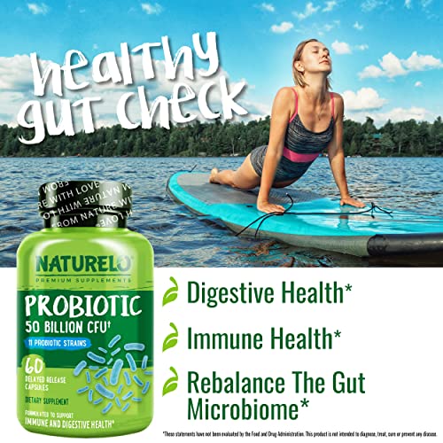 Naturelo Probiotic Supplement - 50 Billion Cfu - 11 Strains - One Daily - Helps Support Digestive & Immune Health - Delayed Release - No Refrigeration Needed - 60 Vegan Capsules #TOP5