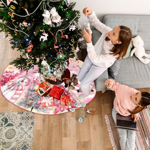 Generic CHRISTIMAS DECORATIONS 07 Pink Christmas Tree Skirt 48 Inch Pink Christmas Decorations Merry Christmas Santa Snowman Tree Skirt Mat Christmas Tree Decorations thumb #5