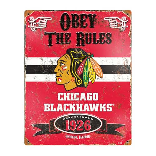 Party Animal NHL Hockey Embossed Metal Vintage Wall Décor, Heavy Duty Metal Wall Art for Bedroom, Office, or Fan Cave, 14.5" x 11.5", Chicago Blackhawks