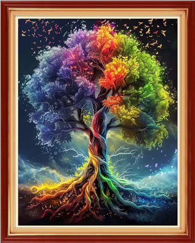 Image of Dimensean Stamped Cross Stitch Kits Full Range of Embroidery Patterns Starter Kits for Beginners Adult DIY Cross Stitches Needlepoint Kits 11CT- Colorful Tree 16x20 inch