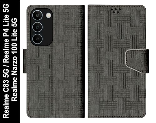 Image of SBMS Flip Cover for Realme C83 5G /Narzo 100 Lite 5G /P4 Lite 5G Back Case with Magnatic Closure | Genuine Leather Finish | Inbuilt Stand | Card & Money Pocket | Wallet Style Flip Cover (Mat Black)