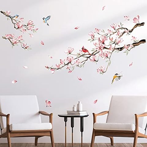 decalmile Magnolia Flowers Tree Branch Wall Decals Pink Floral Blossom Birds Wall Art Stickers Girls Bedroom Living Room TV Sofa Wall Decor Cover