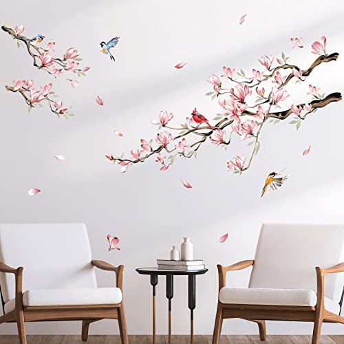 decalmile Magnolia Flowers Tree Branch Wall Decals Pink Floral Blossom ...
