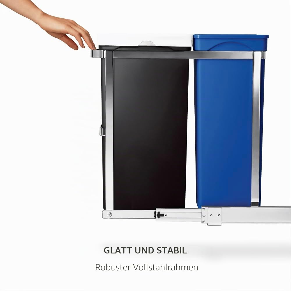 simplehuman CW1016 35 Liter (20/15) ausziehbarer Schrank-Recycler Mülltrennsystem 2 Fach Einbau Abfallsammler Abfalleimer Mülleimer Küche Mülltrennung, strapazierfähiger Stahlrahmen, 5 Jahre Garantie