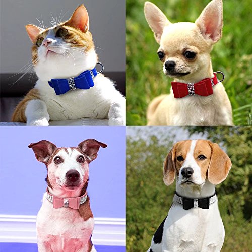 Beirui Rhinestone Bling Leather Dog & Cat Collar - Flocking Sparkly Crystal Diamonds Studded - Cute Double Bowknot For Pet Show & Daily Walking,Red,Small Neck For 10-12.5" #TOP1