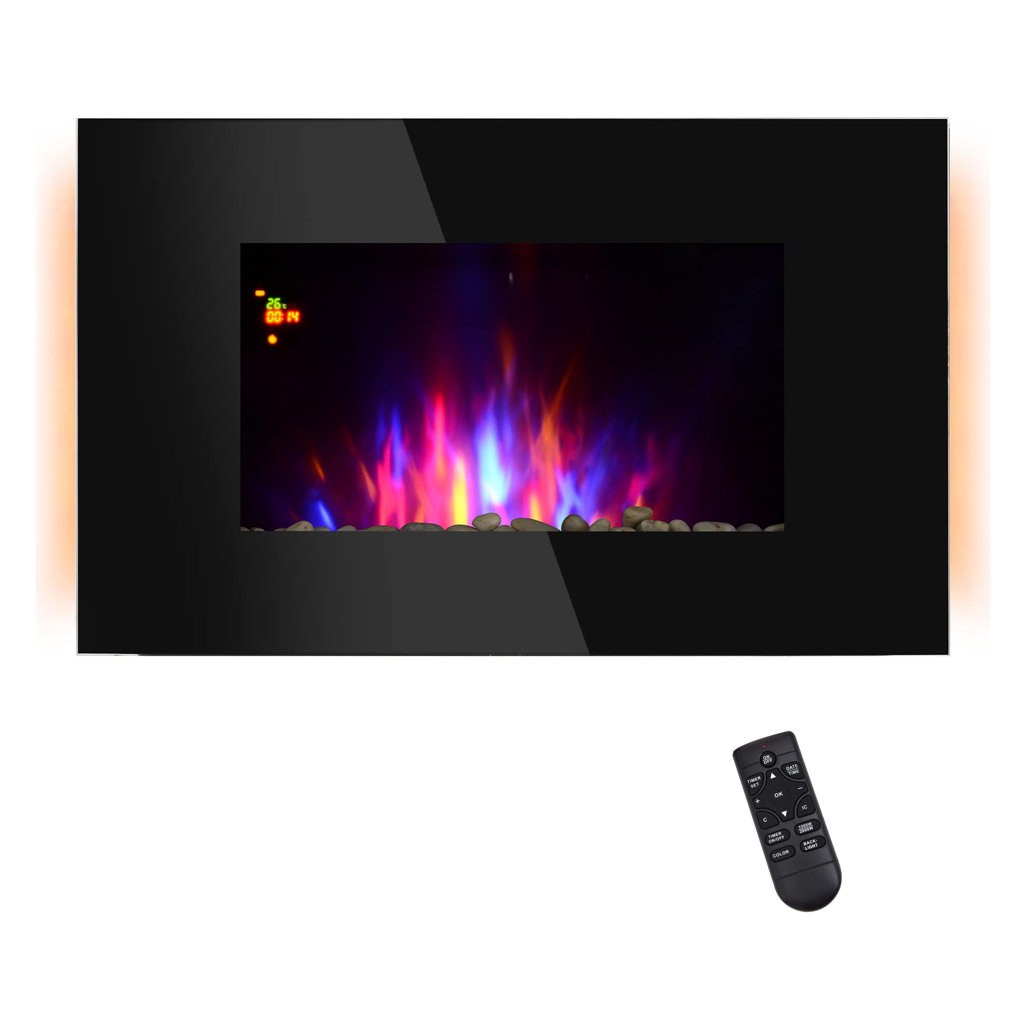 HOMCOM Cheminée électrique Murale LED 7 Effets Flammes + 7 Couleurs Ambiance + Galets télécommande Thermostat 1000-​2000 W minuterie Noir