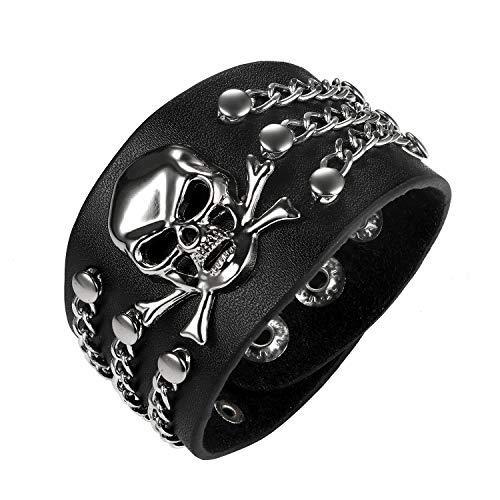 Punk Skull Leather Cuff Bracelet for Men Women, Goth Black Biker Wide Strap Adjustable Bangle Wristband for Halloween Costume Party