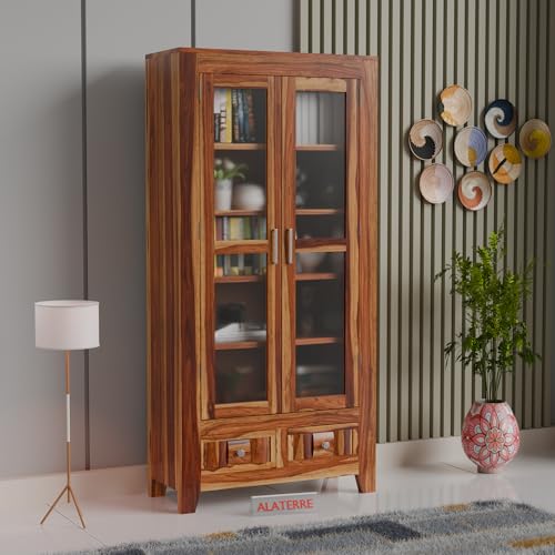 Image of Solid Wood Display Cabinet with Acrylic Glass Doors & Storage Drawers | Modern Wooden Bookcase & Crockery Unit for Living Room, Dining Room & Home Decor (Natural Finish)