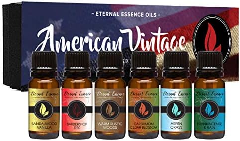 American Vintage - Gift Set of 6 Premium Fragrance Oils - Sandalwood Vanilla, Frankincense & Rain, Cardamom Cedar Blossom, Aspen Grass, Warm Rustic Woods, Barbershop 1920 - Eternal Essence Oils