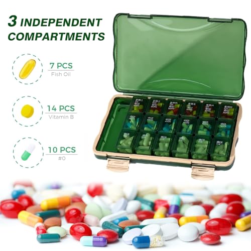 7 dagen pillendoos met 21 vakken, reis pillendoosje,hoogwaardige pillendoos, food grade PP plastic, met stofdichte functie, kan granulaire medicijnen opslaan (groen) - Afbeelding 3