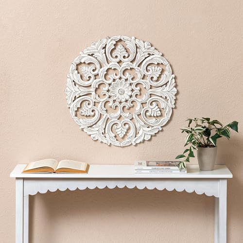 Image of JFY Designs Blasius Hand Carved Wood Medallion Wall Panels Bedroom Decor | Wall Mount Floral Sculpture Wall Art for Living Room, Bedroom Set, White Distressed Finish, Round 24 x 24 inch